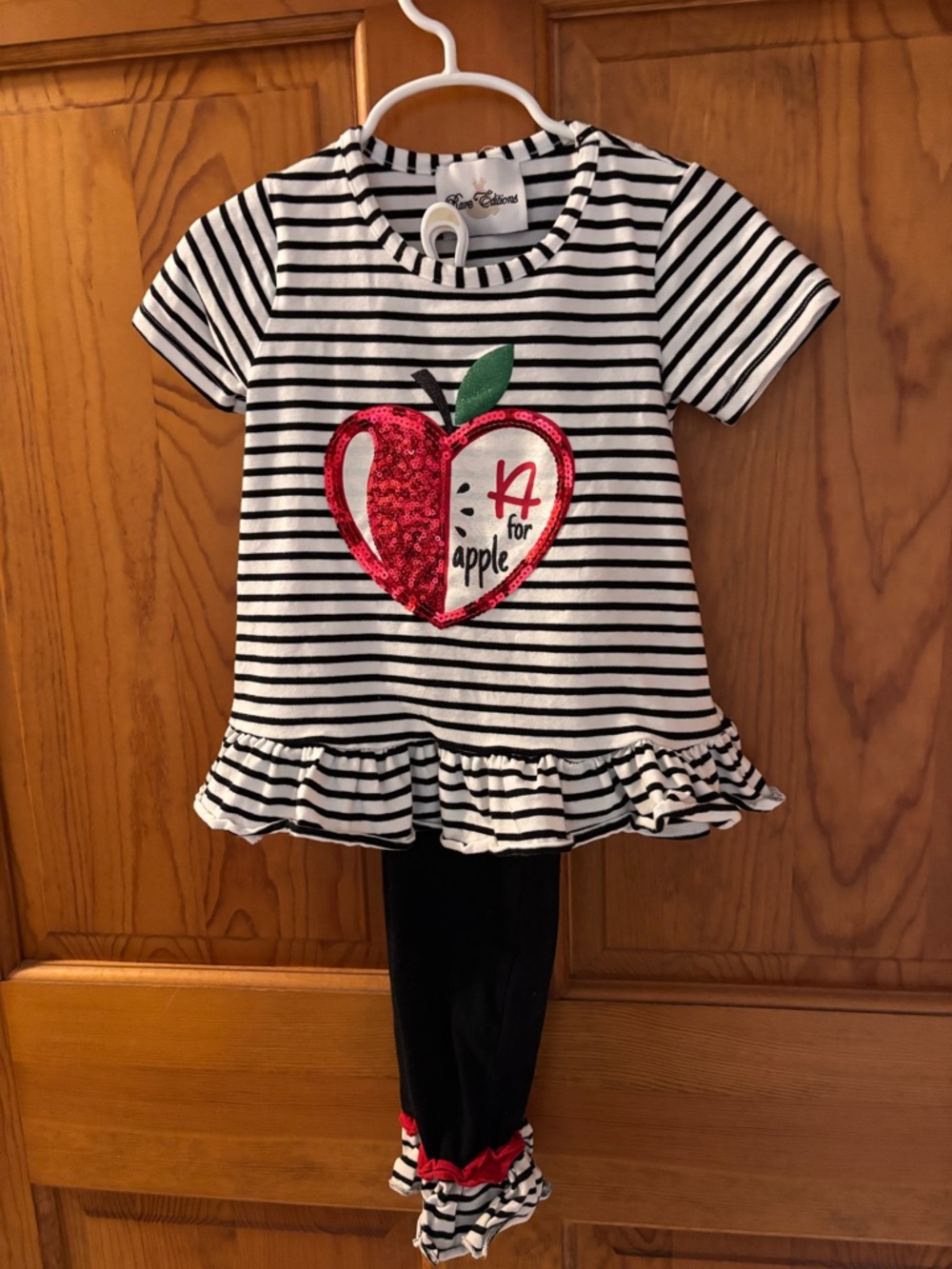 Rare Editions Black & White Striped Tee and Leggings Set with Red Sequin Apple